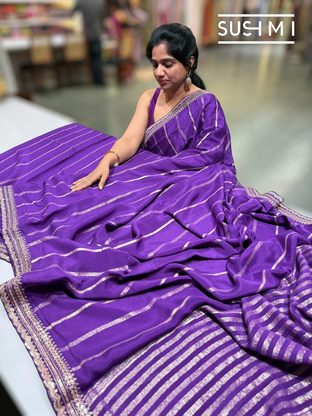 Purple Banarasi Chiffon Saree with heavy embroidered blouse — Image 4