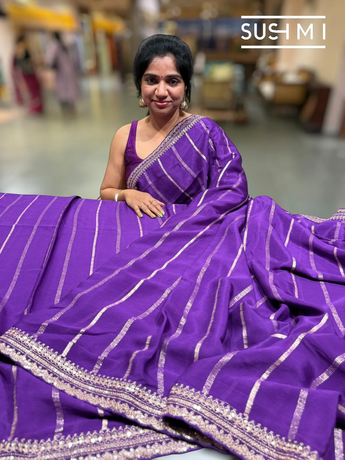 Purple Banarasi Chiffon Saree with heavy embroidered blouse — Image 5