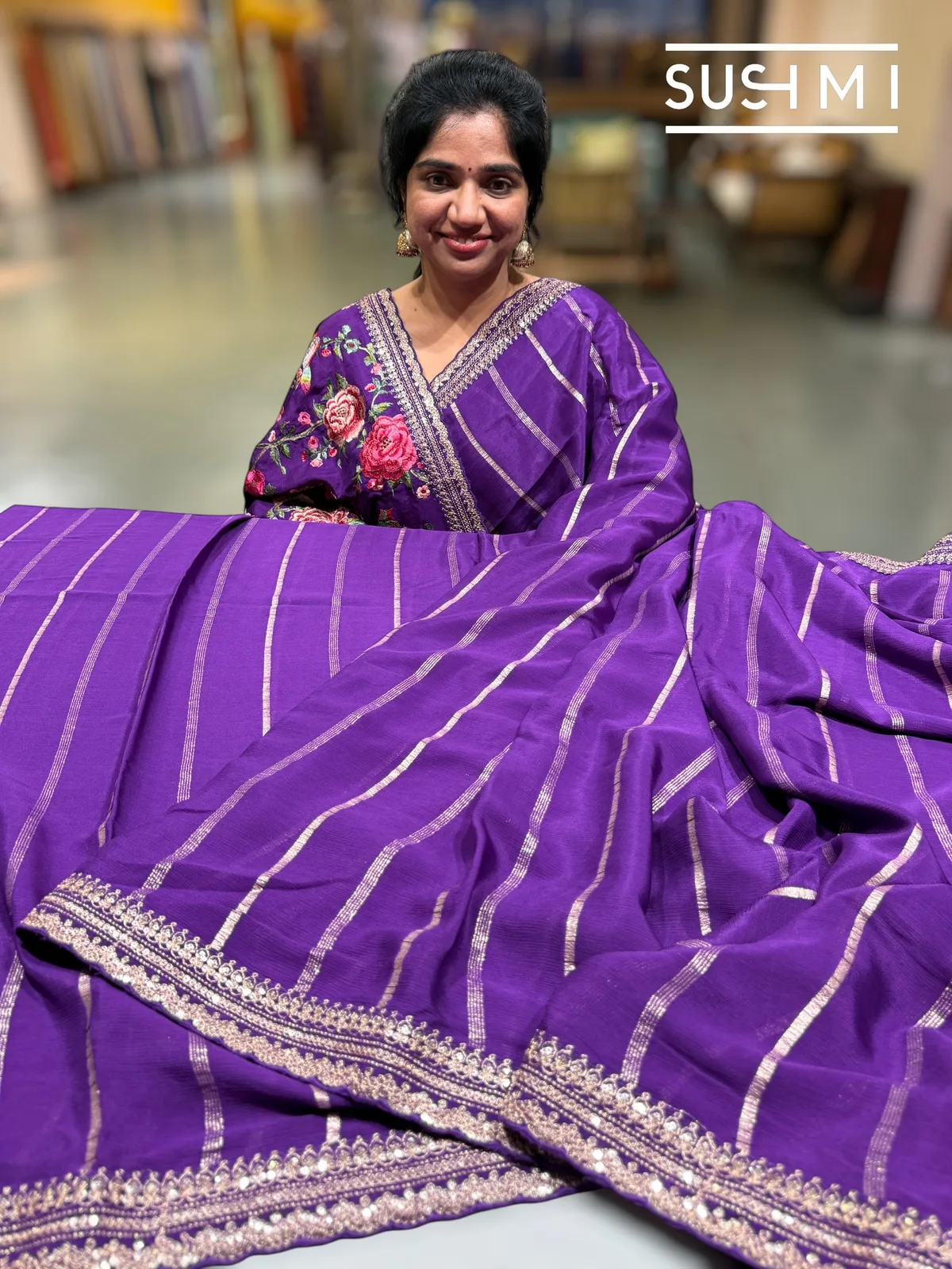 Purple Banarasi Chiffon Saree with heavy embroidered blouse — Image 6