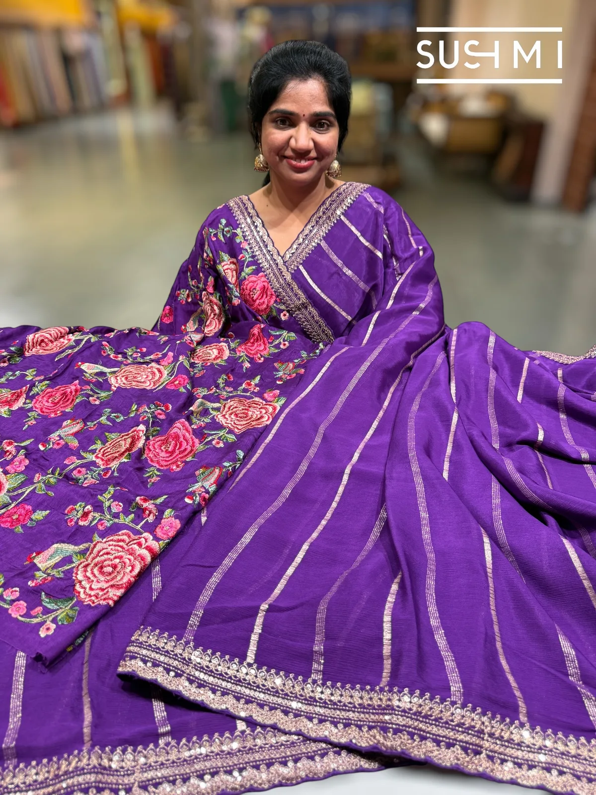 Purple Banarasi Chiffon Saree with heavy embroidered blouse