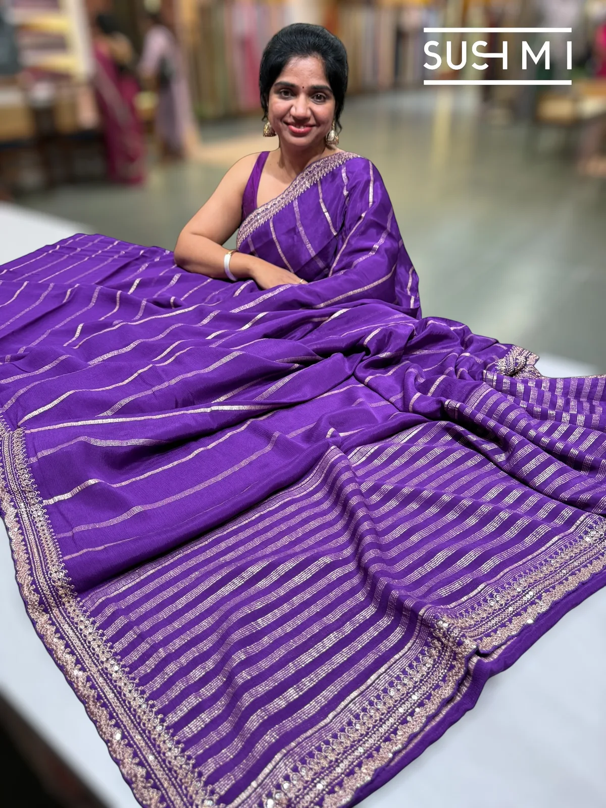 Purple Banarasi Chiffon Saree with heavy embroidered blouse — Image 2