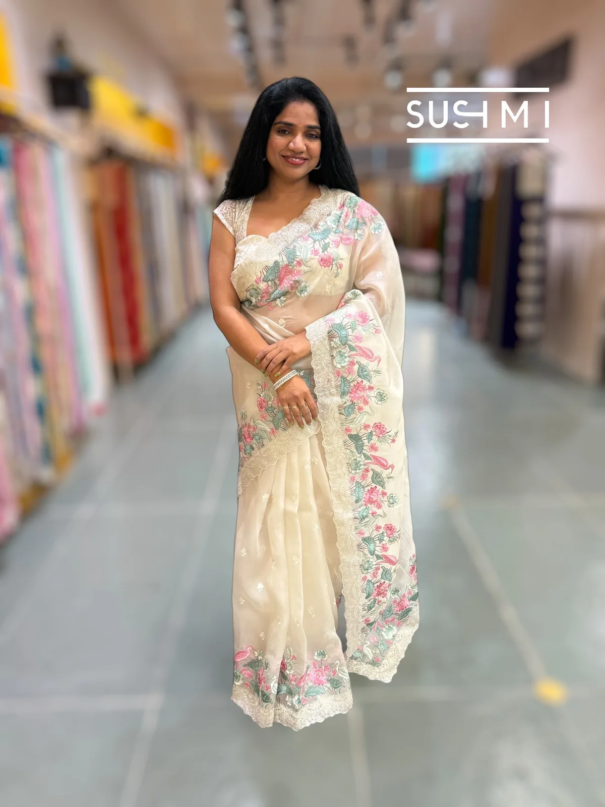 Ivory Color Organza saree with embroidery  — Image 2