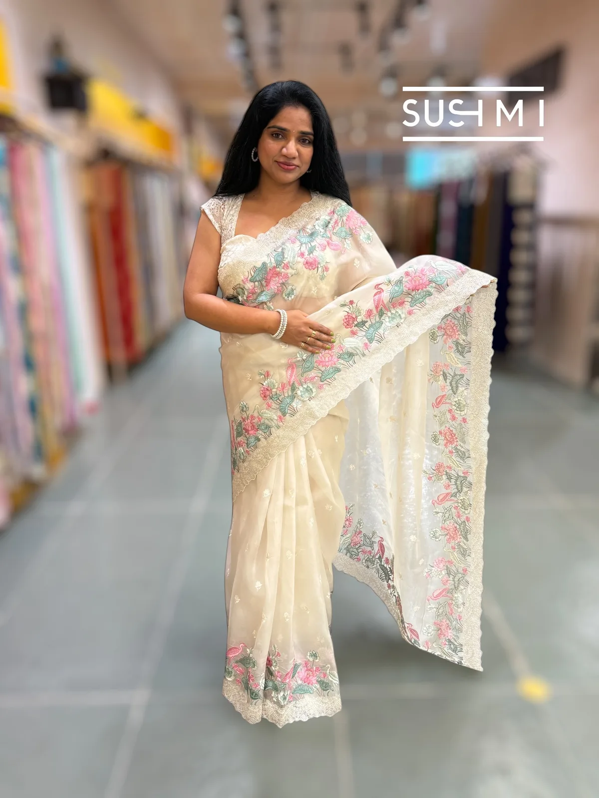 Ivory Color Organza saree with embroidery  — Image 3