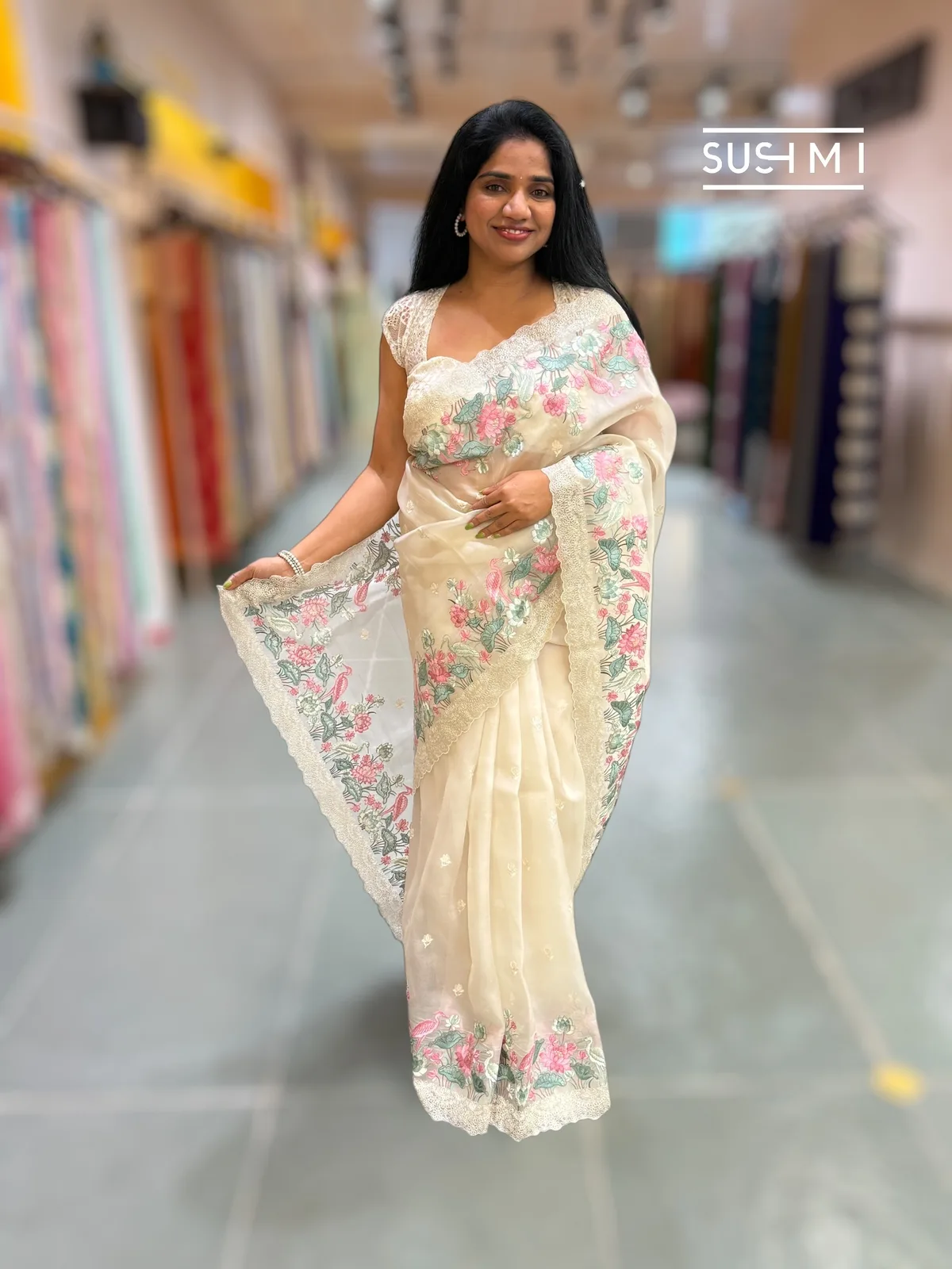 Ivory Color Organza saree with embroidery  — Image 5