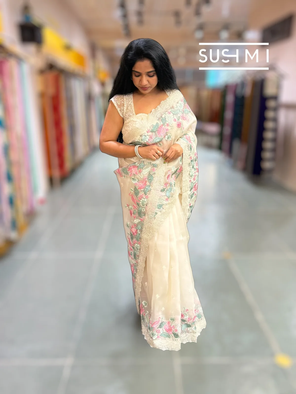 Ivory Color Organza saree with embroidery  — Image 4
