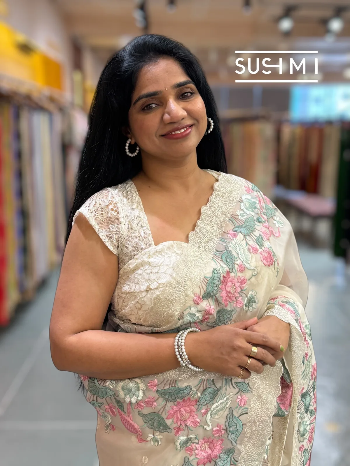 Ivory Color Organza saree with embroidery  — Image 6