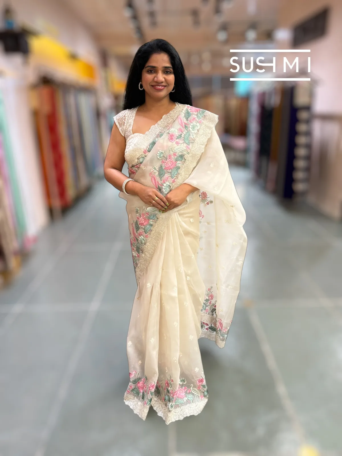 Ivory Color Organza saree with embroidery  — Image 8