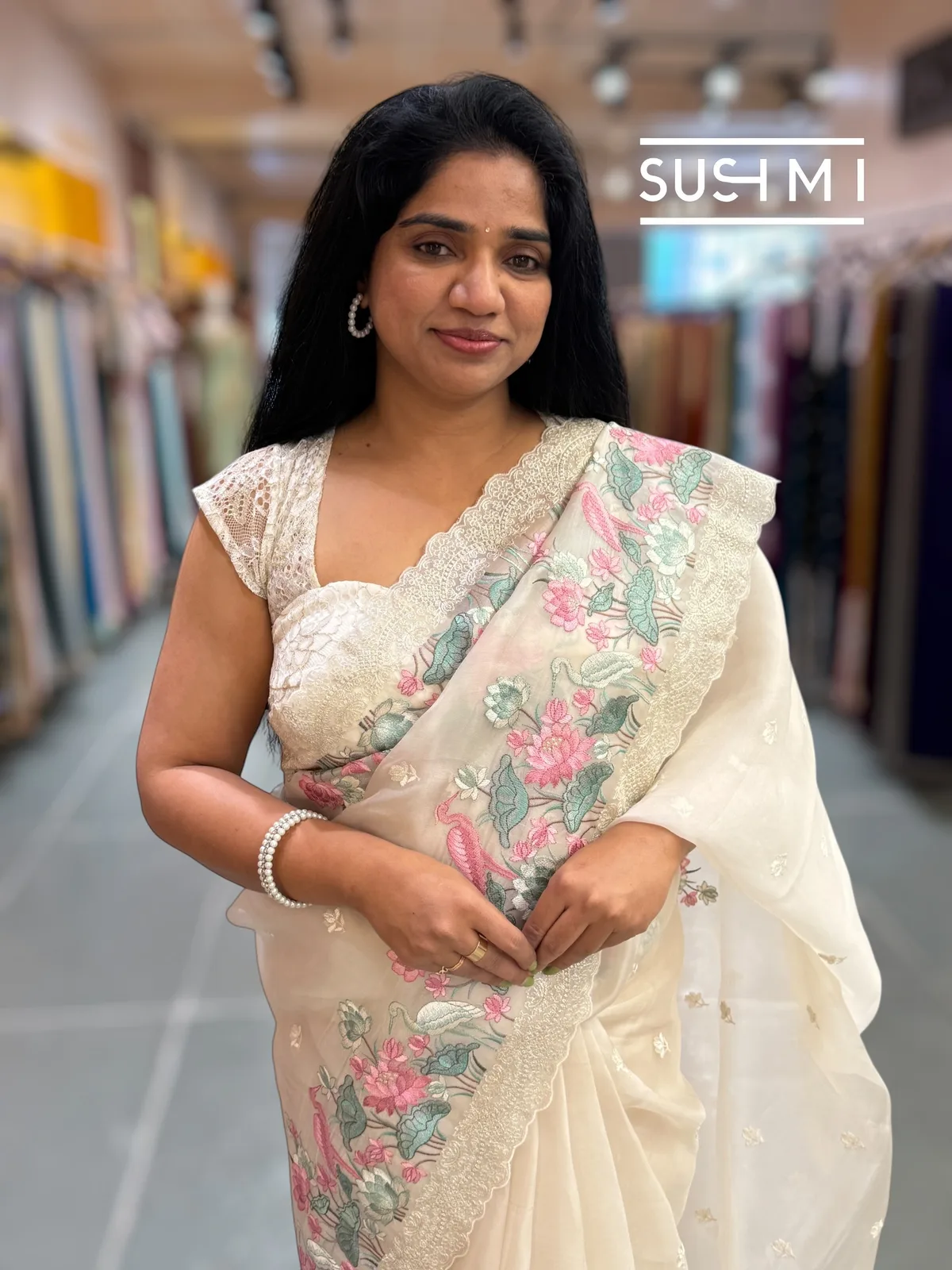 Ivory Color Organza saree with embroidery  — Image 9