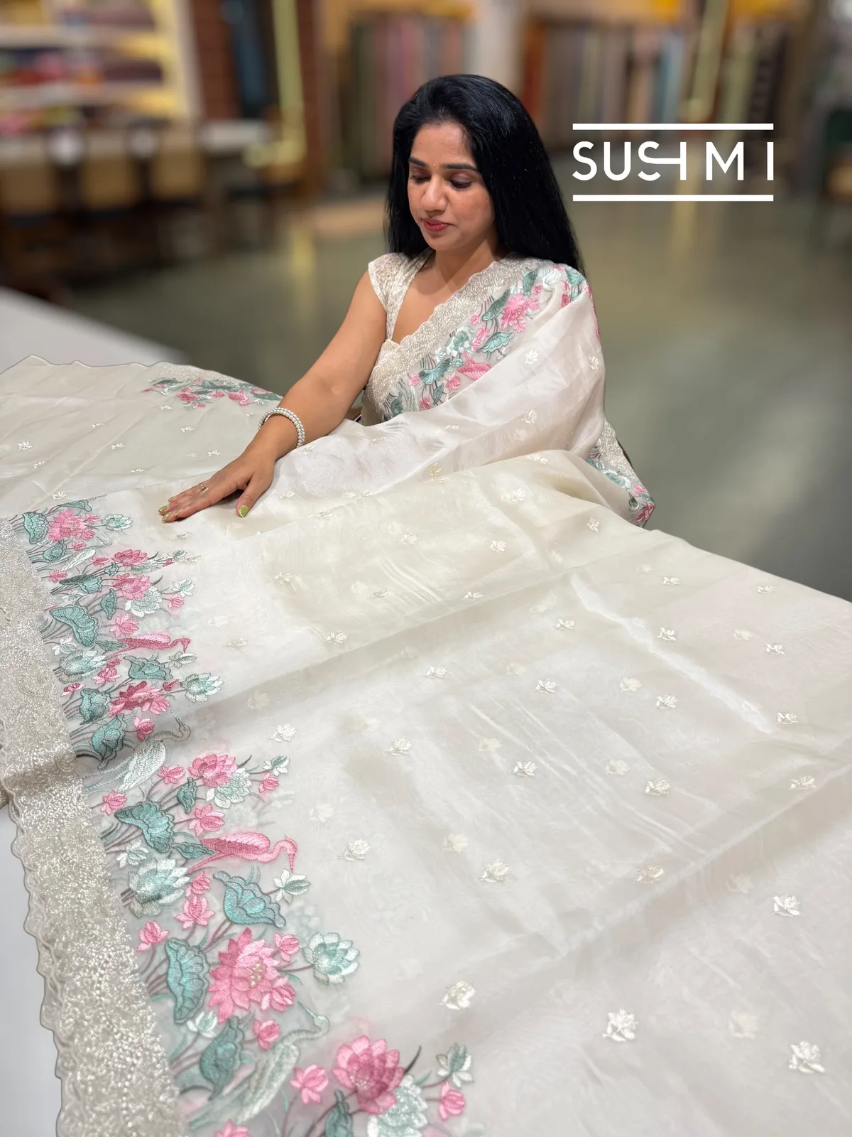 Ivory Color Organza saree with embroidery  — Image 12