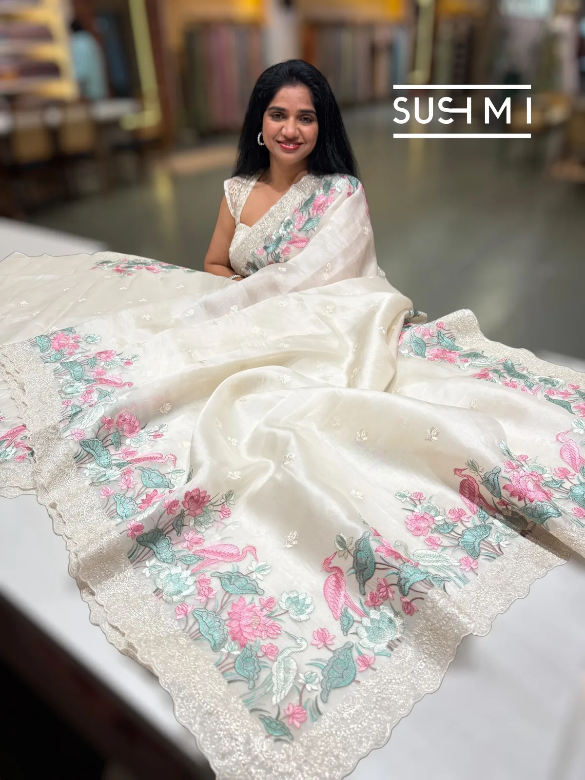 Ivory Color Organza saree with embroidery  — Image 11