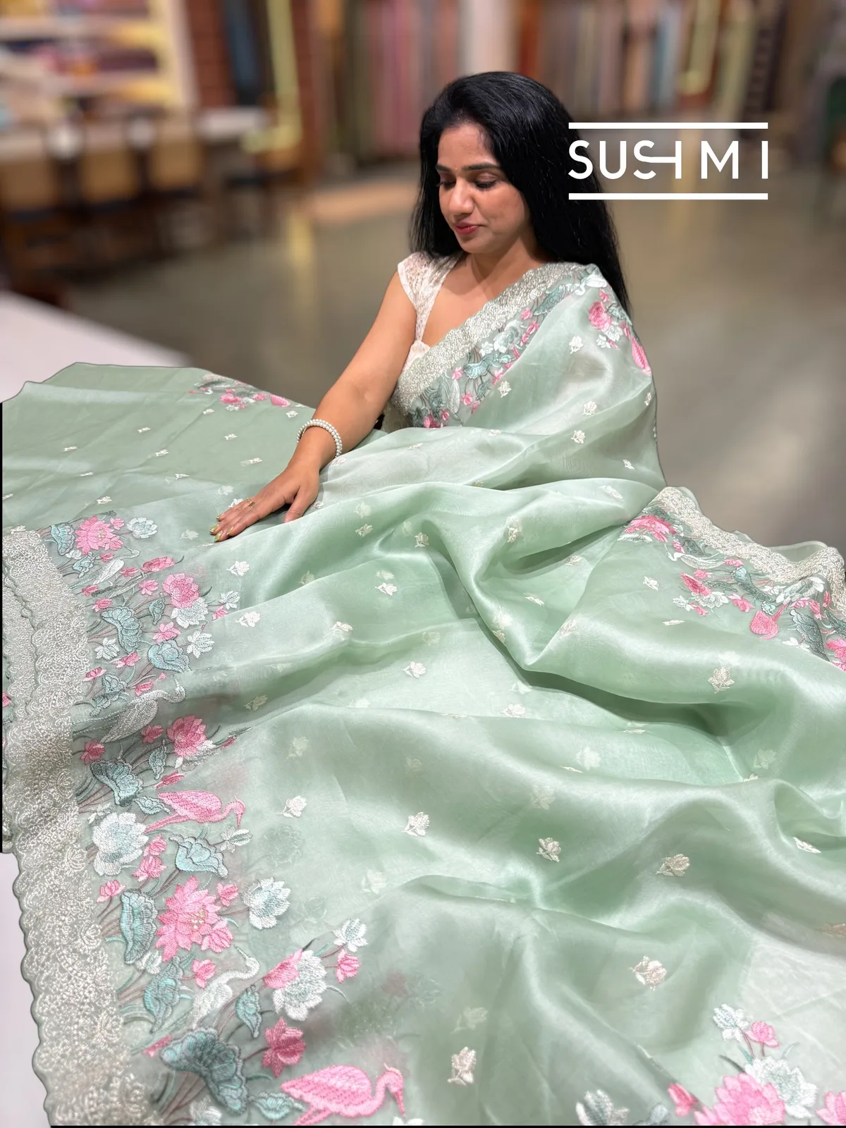 Sage Green Pure Organza Saree with embroidery  — Image 2
