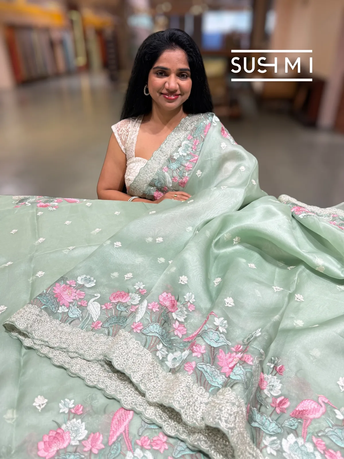 Sage Green Pure Organza Saree with embroidery  — Image 3