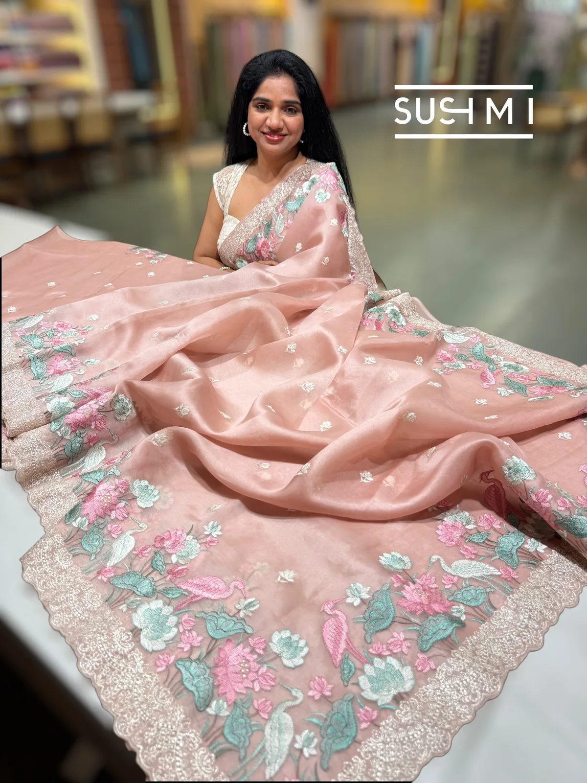 Onion Pink Pure Organza Saree with embroidery 