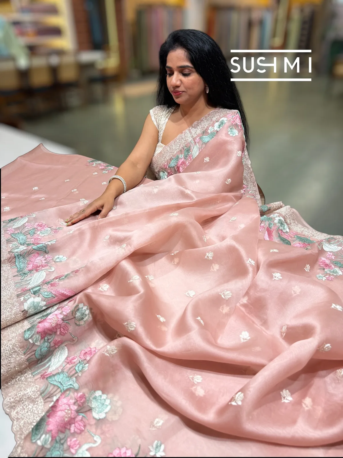 Onion Pink Pure Organza Saree with embroidery  — Image 2