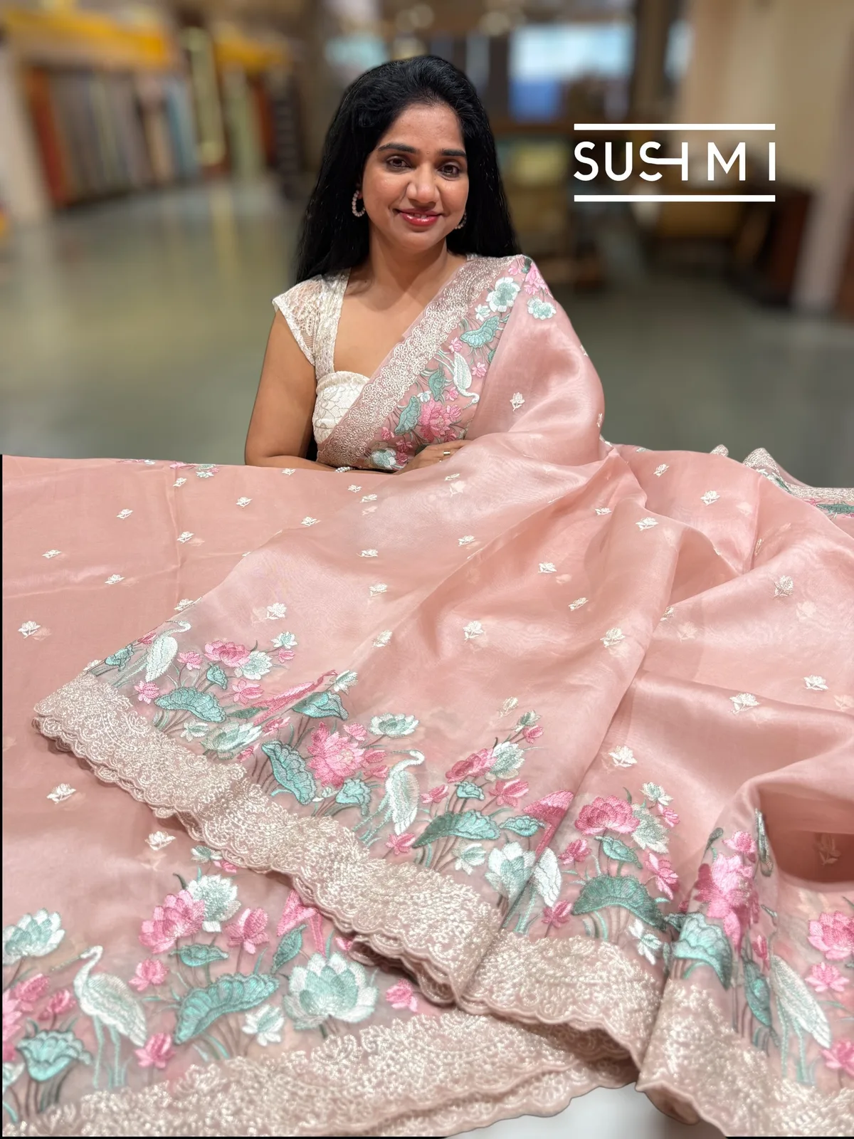 Onion Pink Pure Organza Saree with embroidery  — Image 3