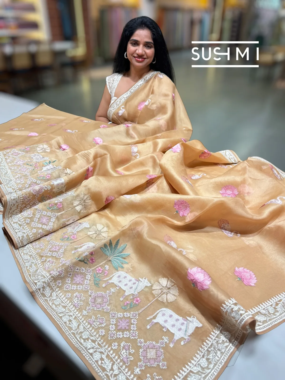 Champagne Gold Pure Organza Saree with pichwai skirt embroidery 