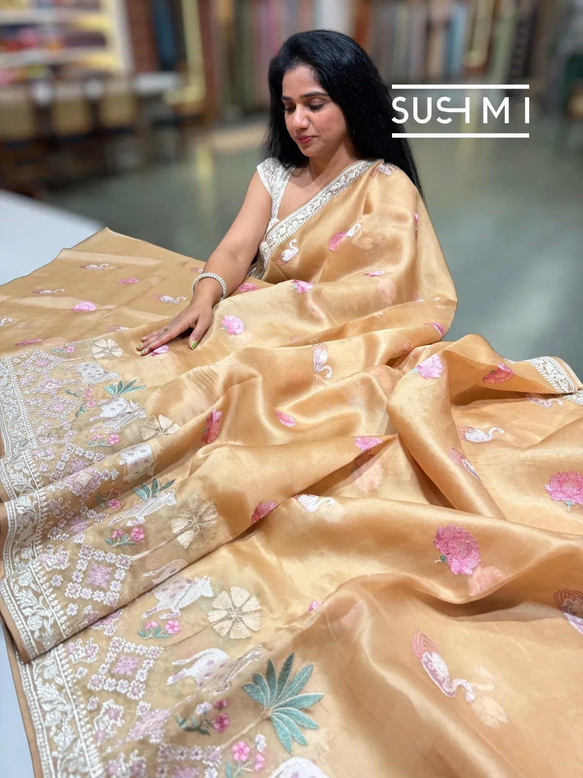 Champagne Gold Pure Organza Saree with pichwai skirt embroidery  — Image 2