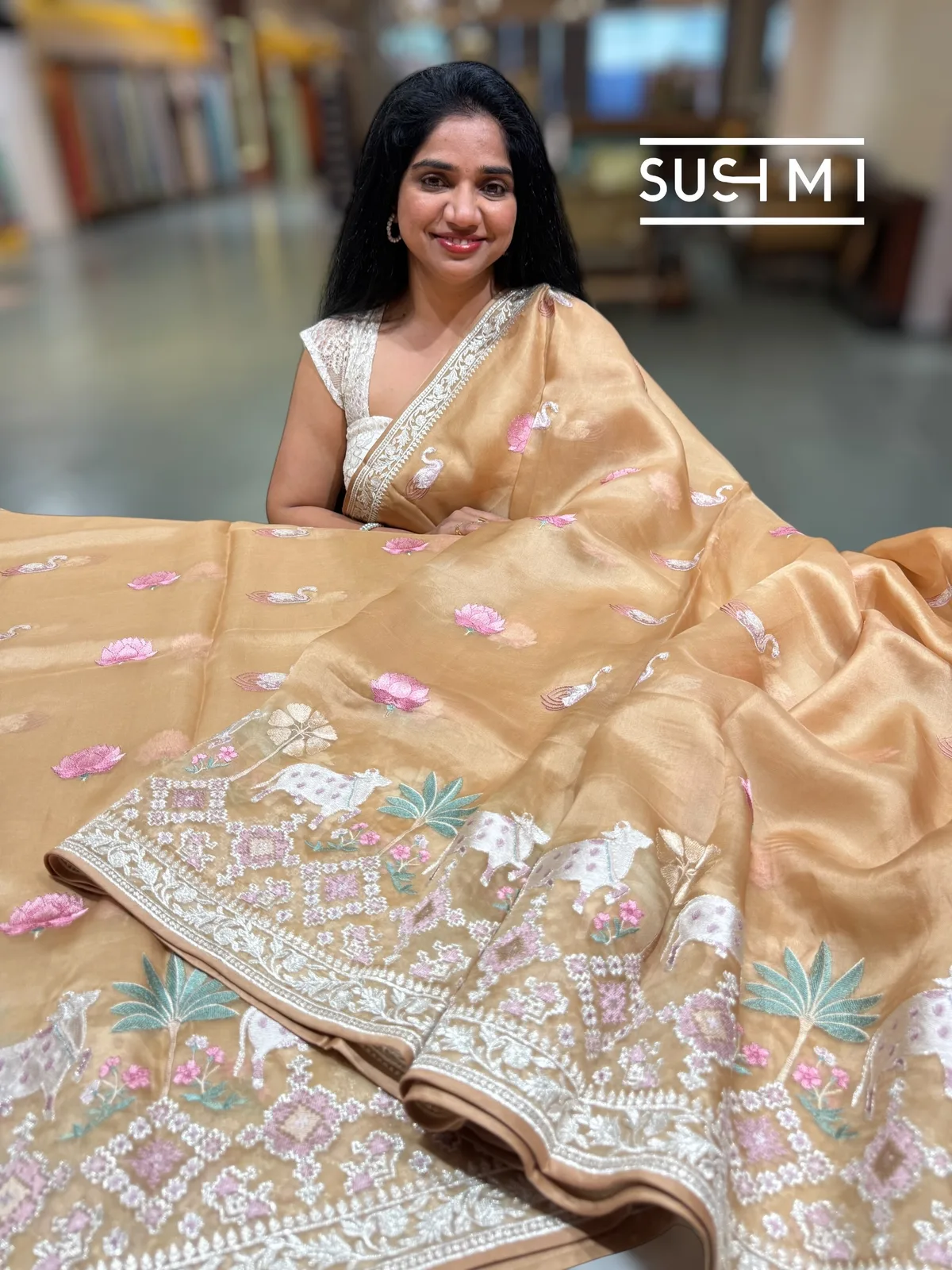 Champagne Gold Pure Organza Saree with pichwai skirt embroidery  — Image 3