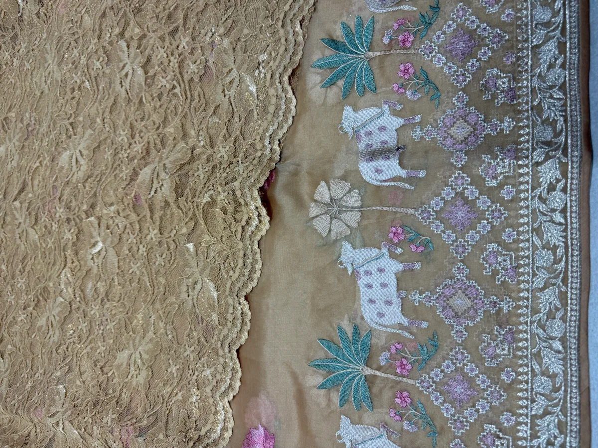 Champagne Gold Pure Organza Saree with pichwai skirt embroidery  — Image 4