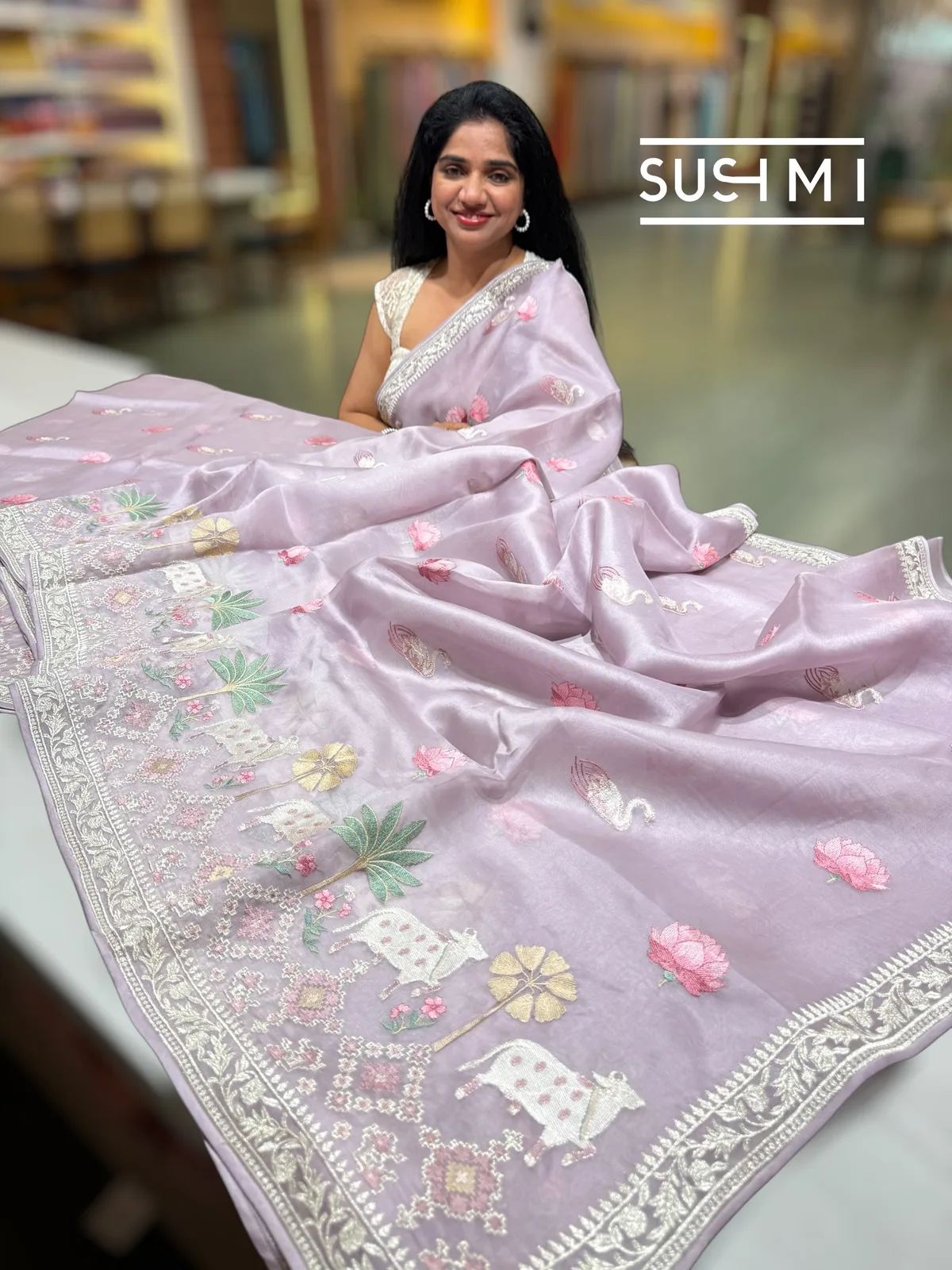 Lilac Pure Organza Saree with pichwai skirt border embroidery 