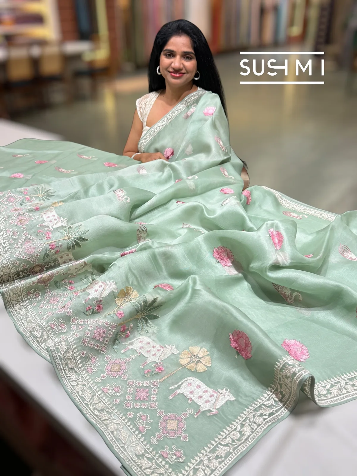 Mint Pure Organza Saree with pichwai skirt border embroidery 