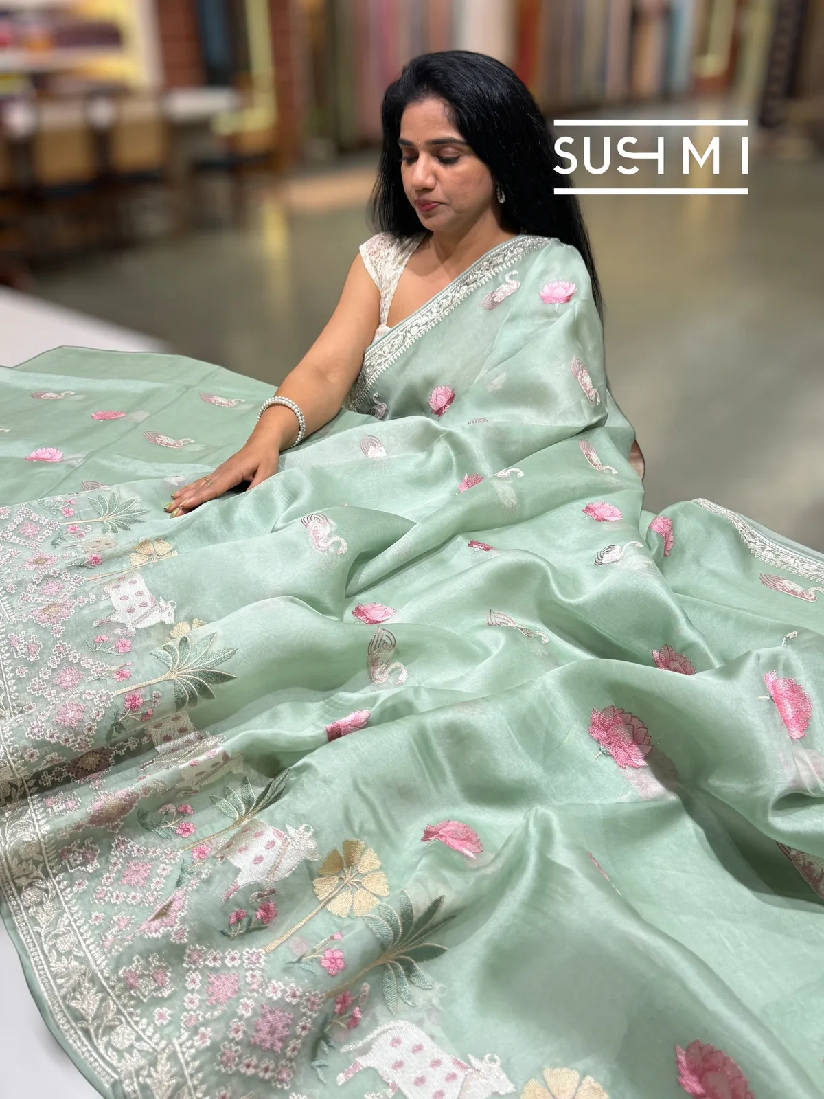 Mint Pure Organza Saree with pichwai skirt border embroidery  — Image 2