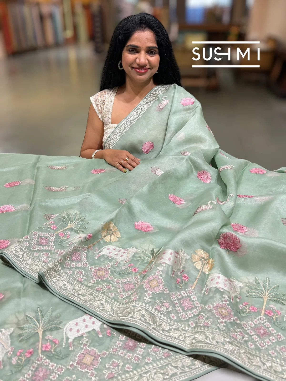 Mint Pure Organza Saree with pichwai skirt border embroidery  — Image 3