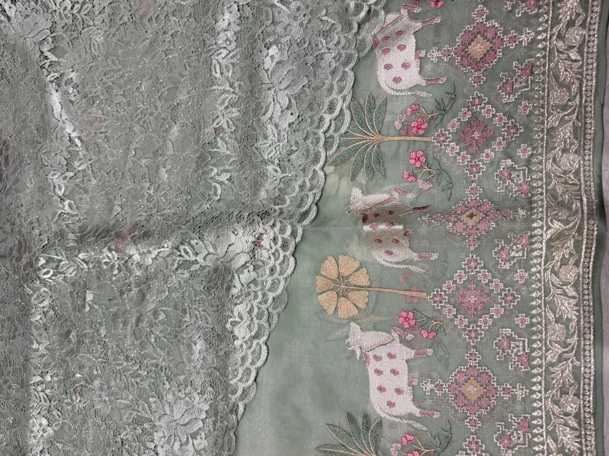 Mint Pure Organza Saree with pichwai skirt border embroidery  — Image 4