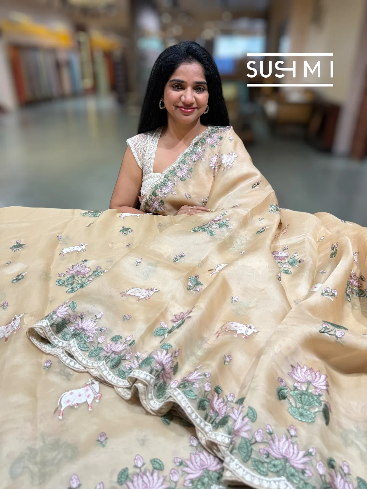 Sandalwood Pure Organza Saree with pichwai embroidery  — Image 3