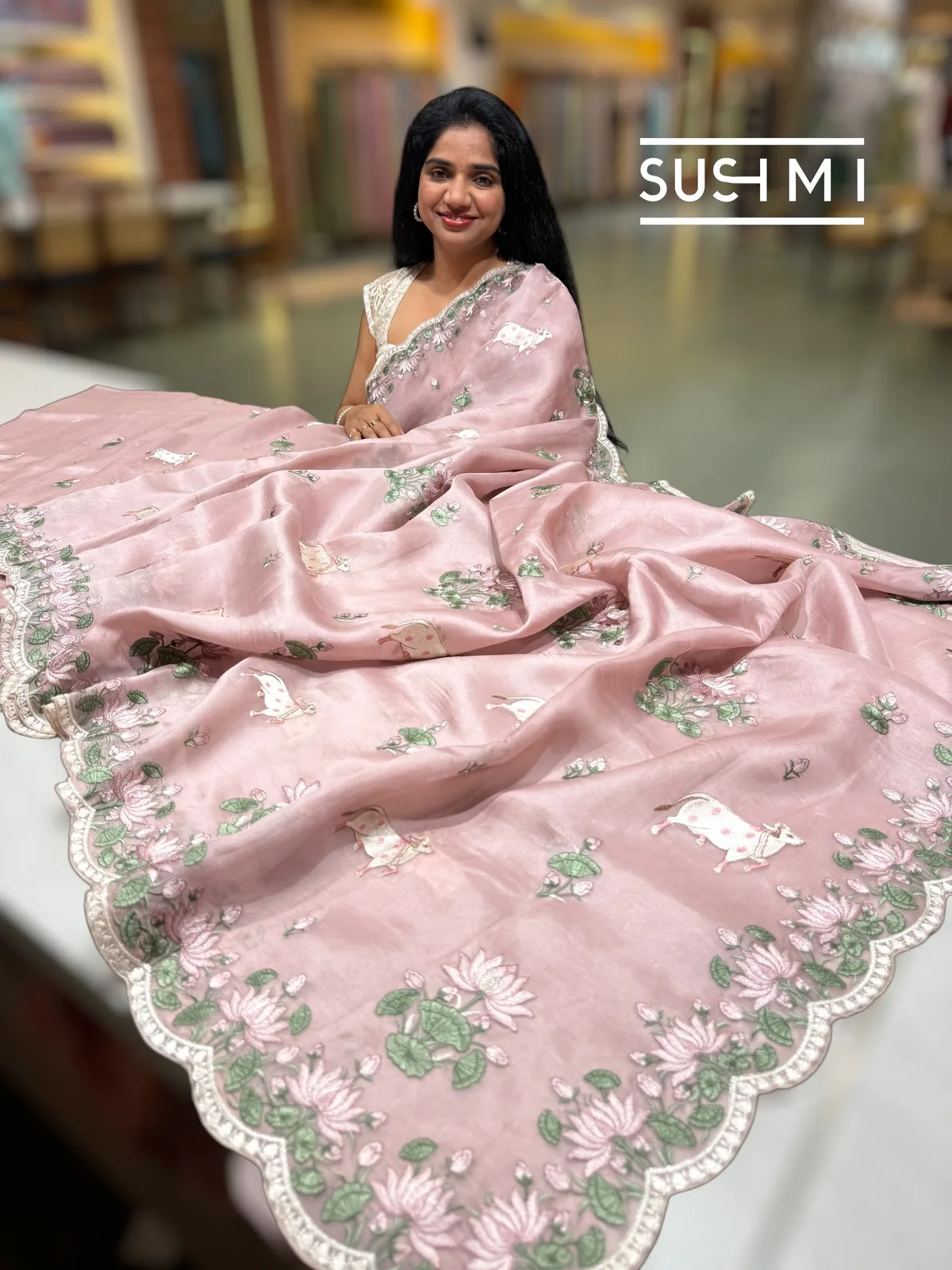 Dusty Pink Pure Organza Saree with pichwai embroidery 