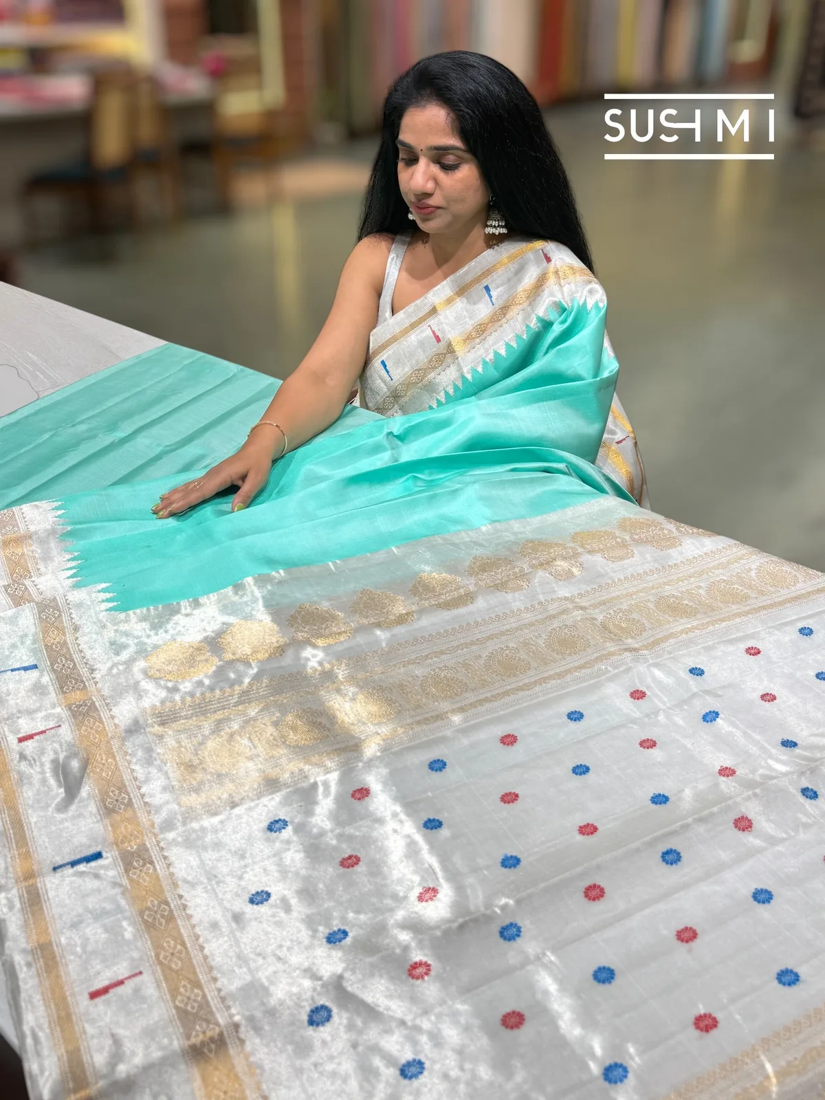 Seagreen Gadwal silkSaree with silver pythani tissue single muniya border — Image 4