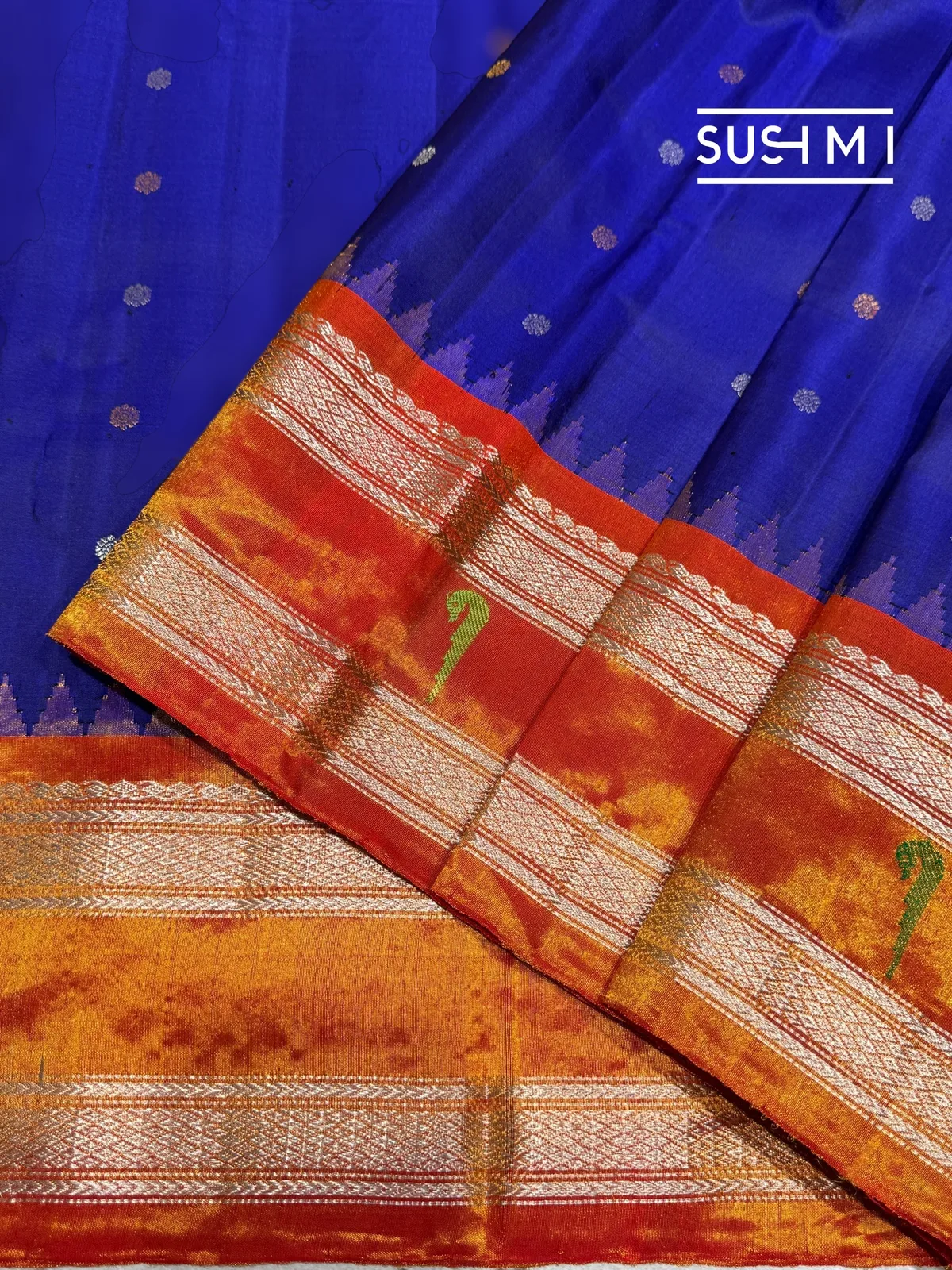 Royal Blue Gadwal Silk saree with single muniya pythani tissue border — Image 5