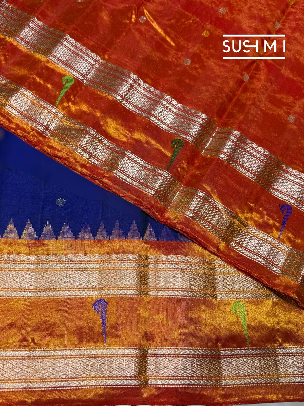 Royal Blue Gadwal Silk saree with single muniya pythani tissue border — Image 6