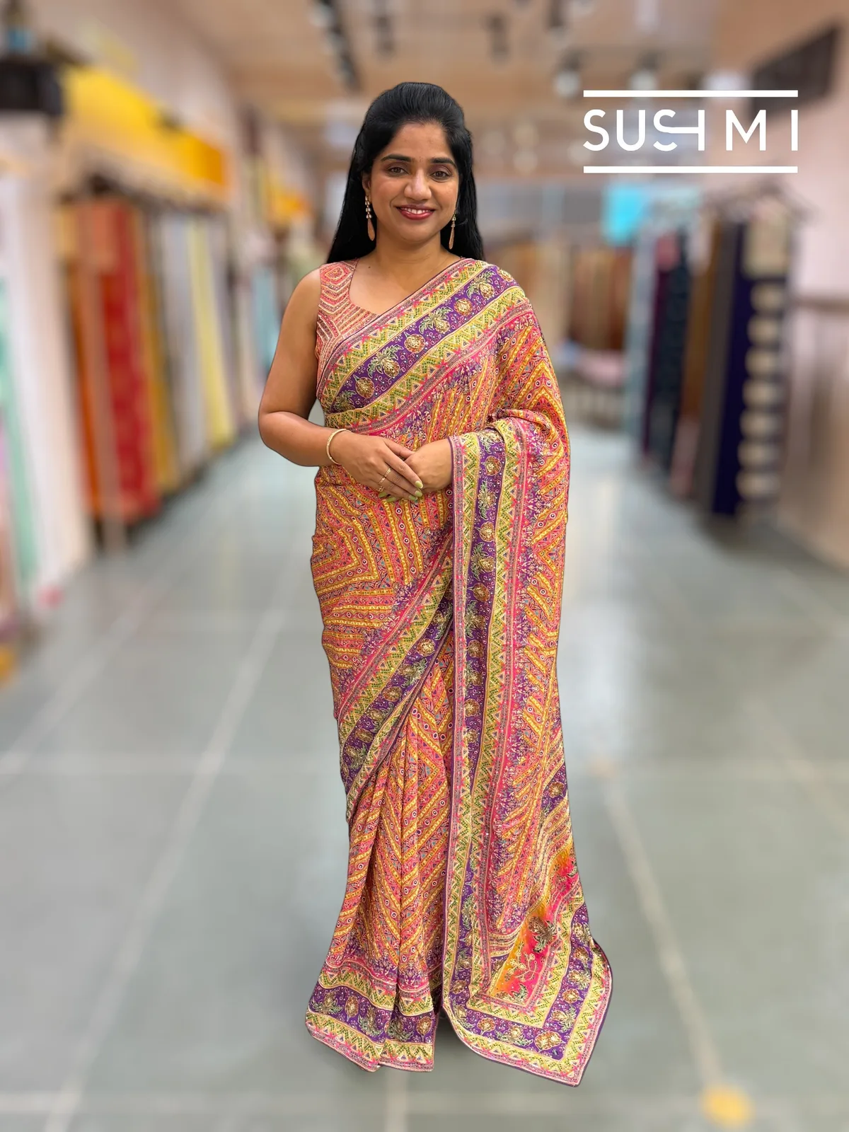 Designer printed crepe Saree with handwork