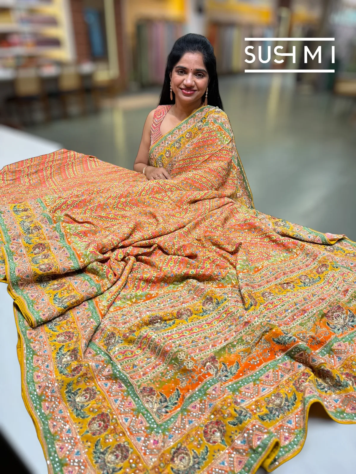 Multi color designer crepe printed saree with handwork