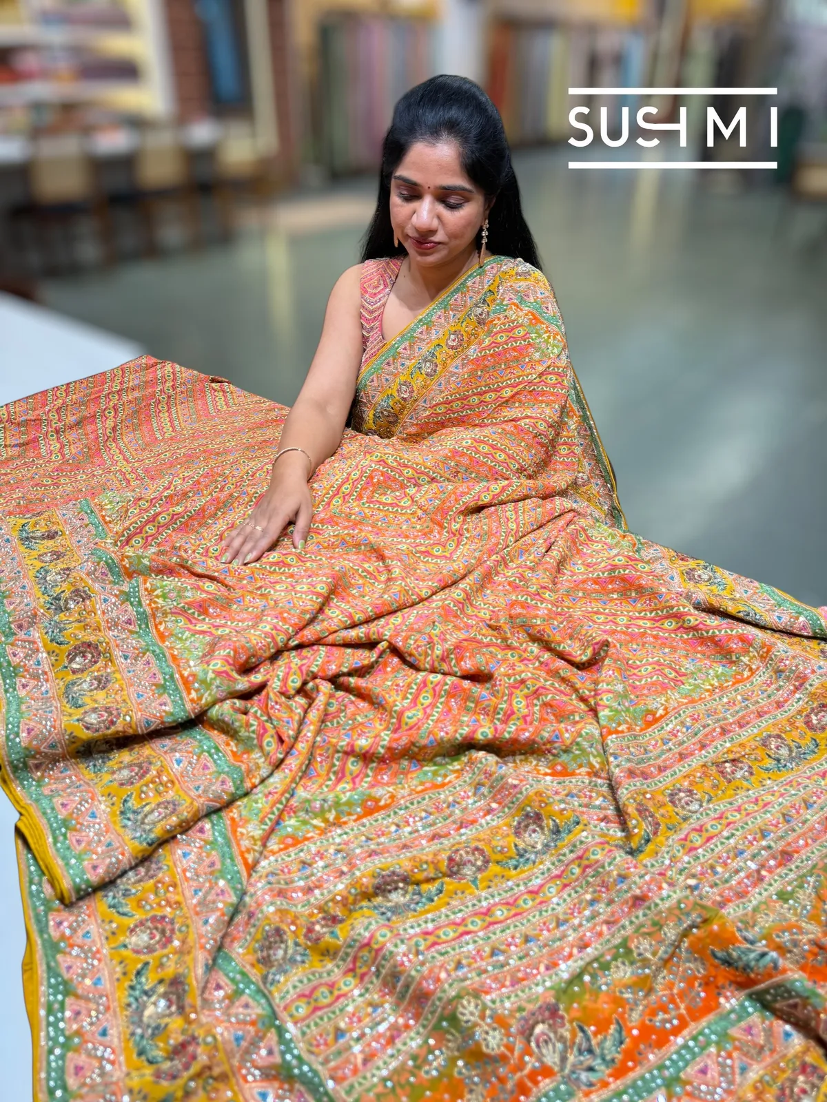 Multi color designer crepe printed saree with handwork — Image 3