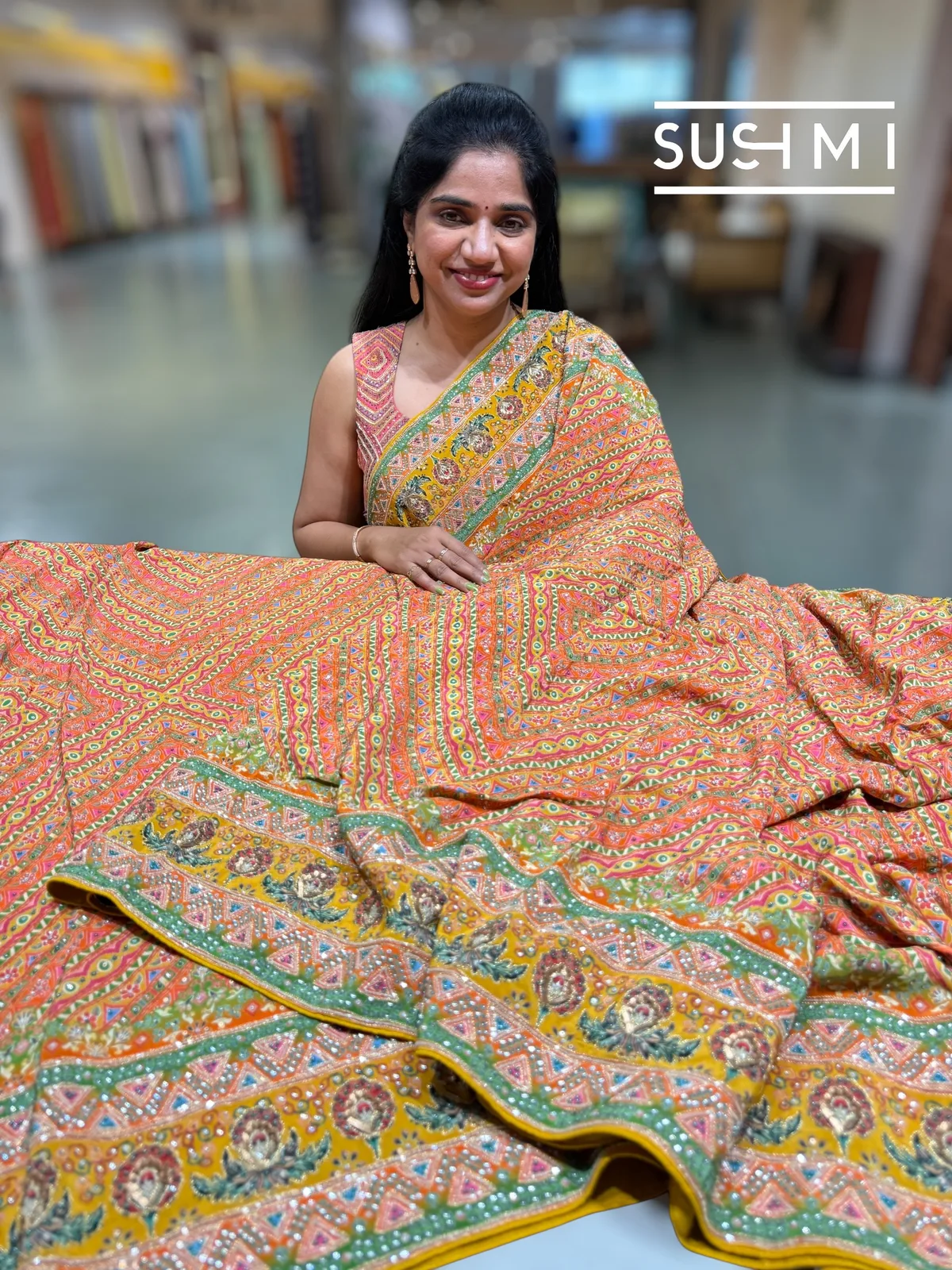 Multi color designer crepe printed saree with handwork — Image 5