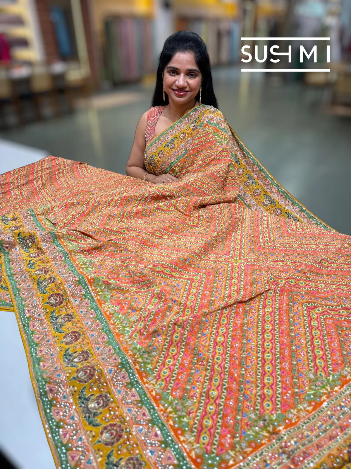 Multi color designer crepe printed saree with handwork — Image 2