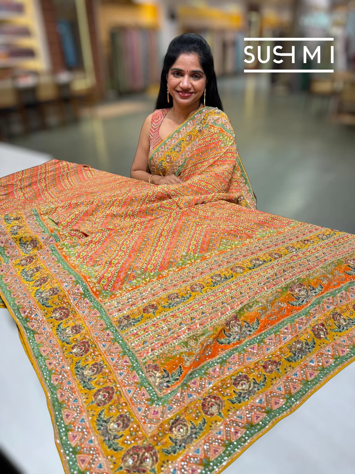 Multi color designer crepe printed saree with handwork — Image 4