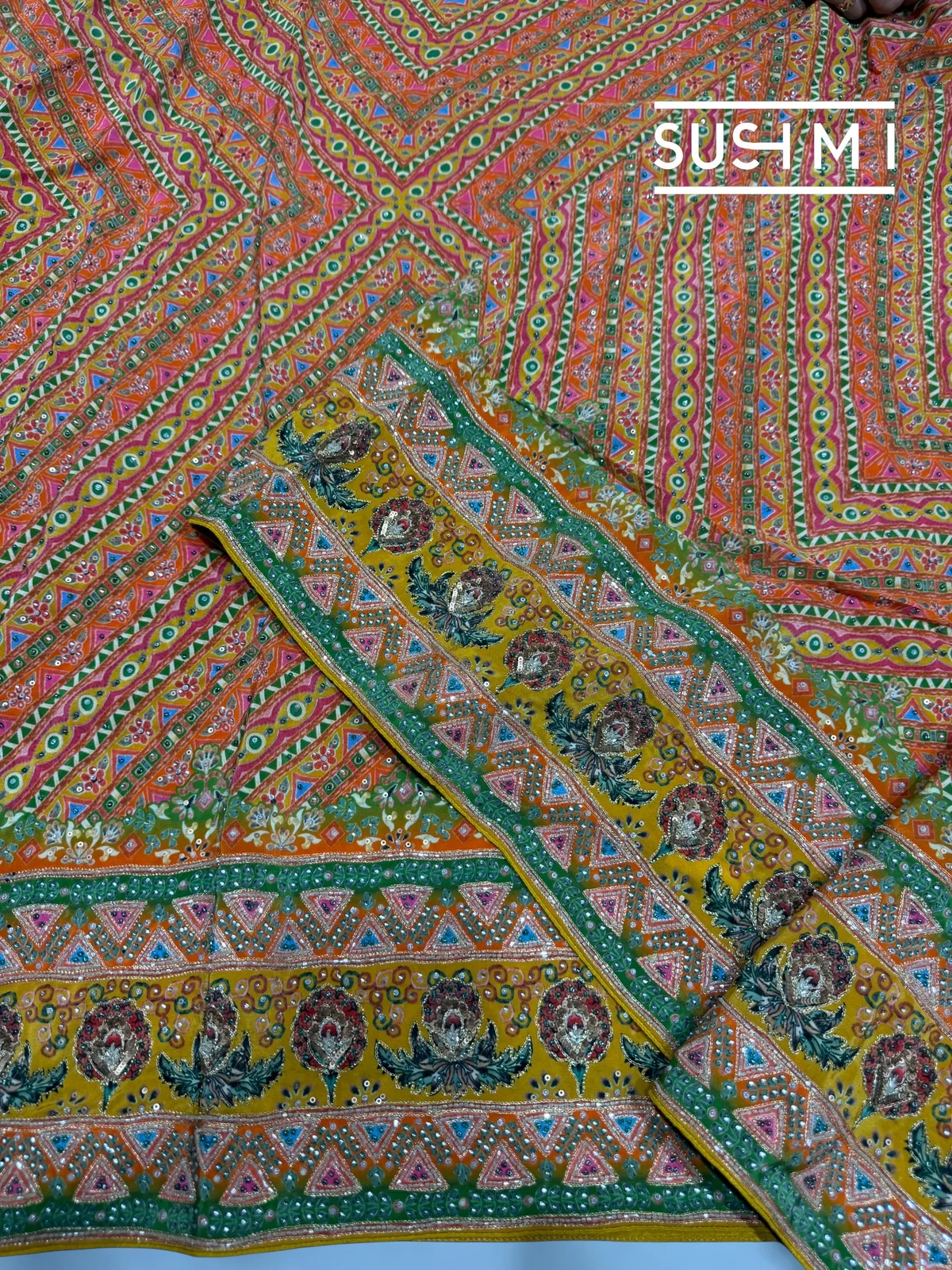 Multi color designer crepe printed saree with handwork — Image 6