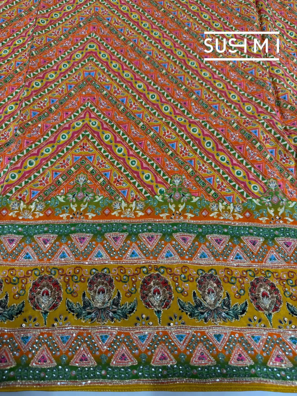 Multi color designer crepe printed saree with handwork — Image 7