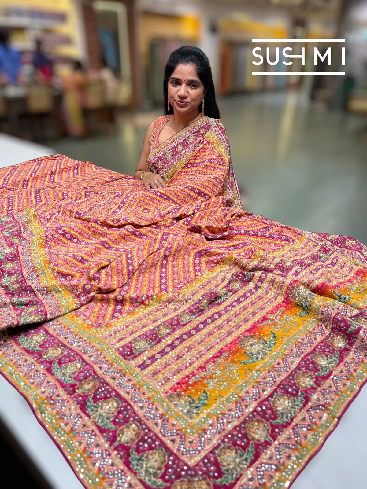 Multi color designer crepe silk saree with handwork