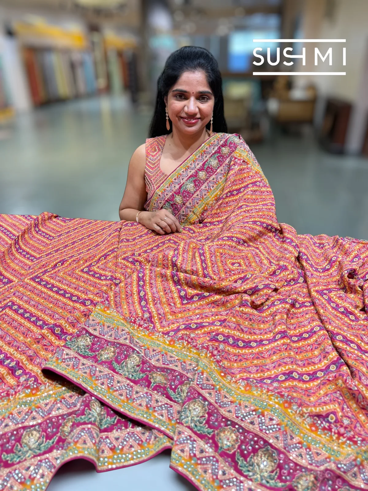 Multi color designer crepe silk saree with handwork — Image 5