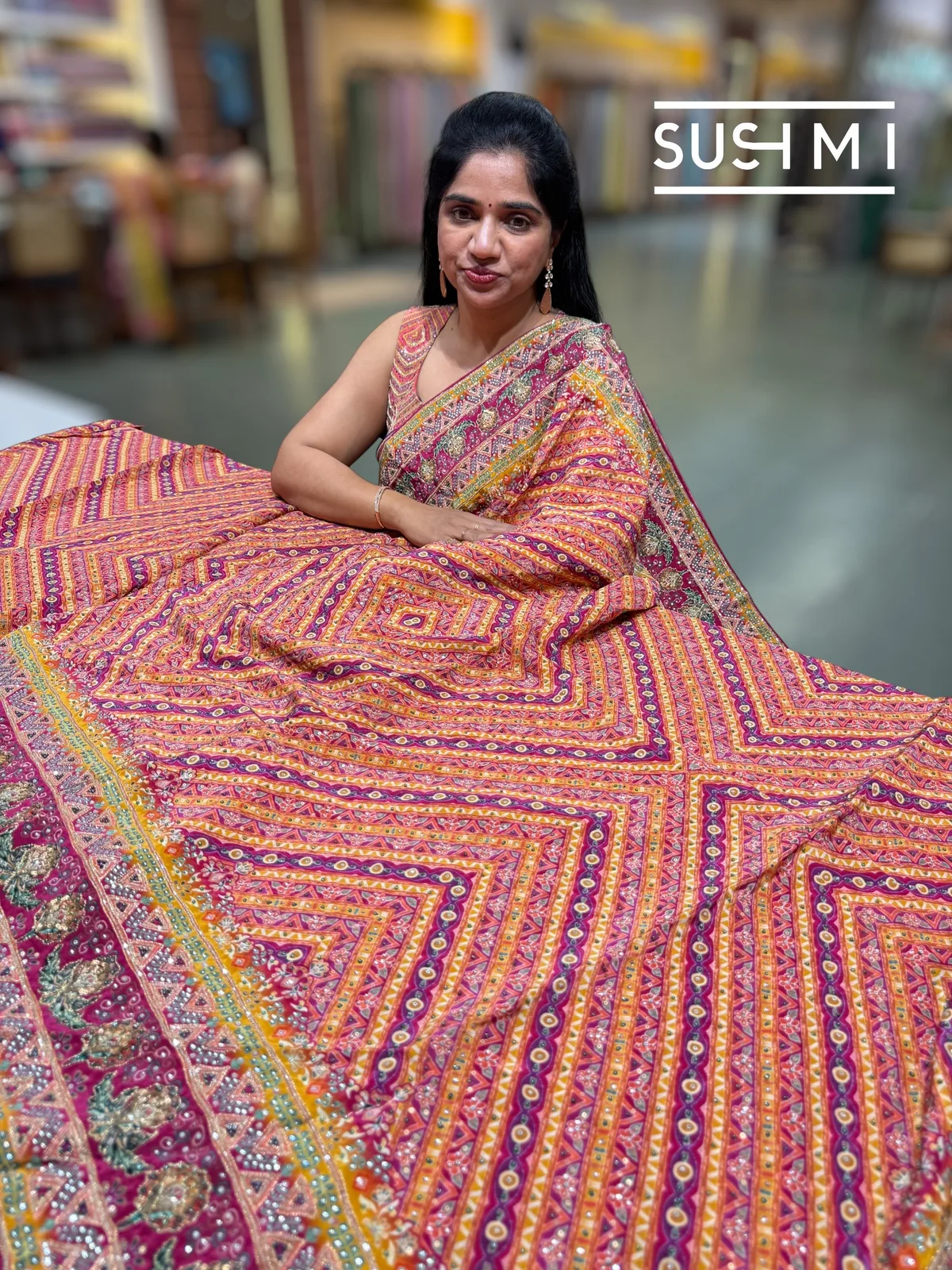 Multi color designer crepe silk saree with handwork — Image 4