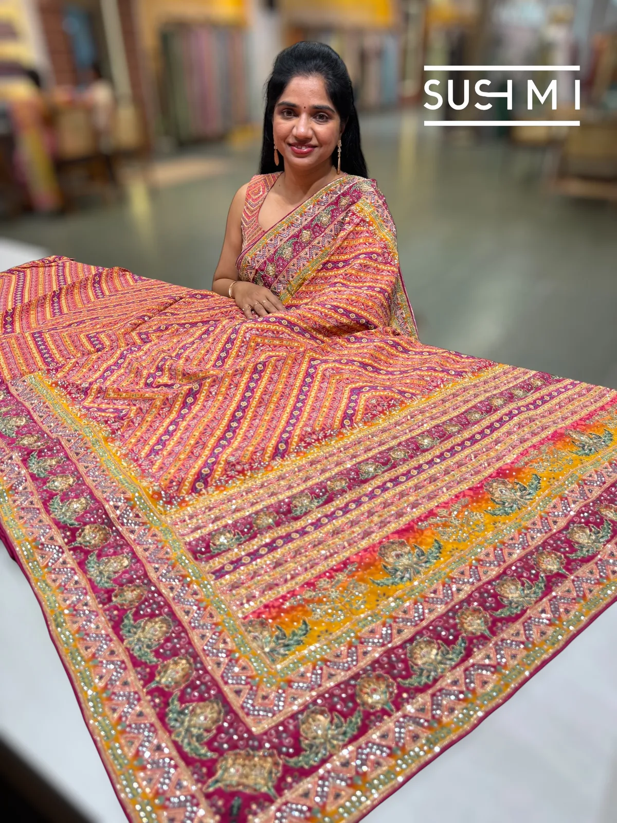 Multi color designer crepe silk saree with handwork — Image 2