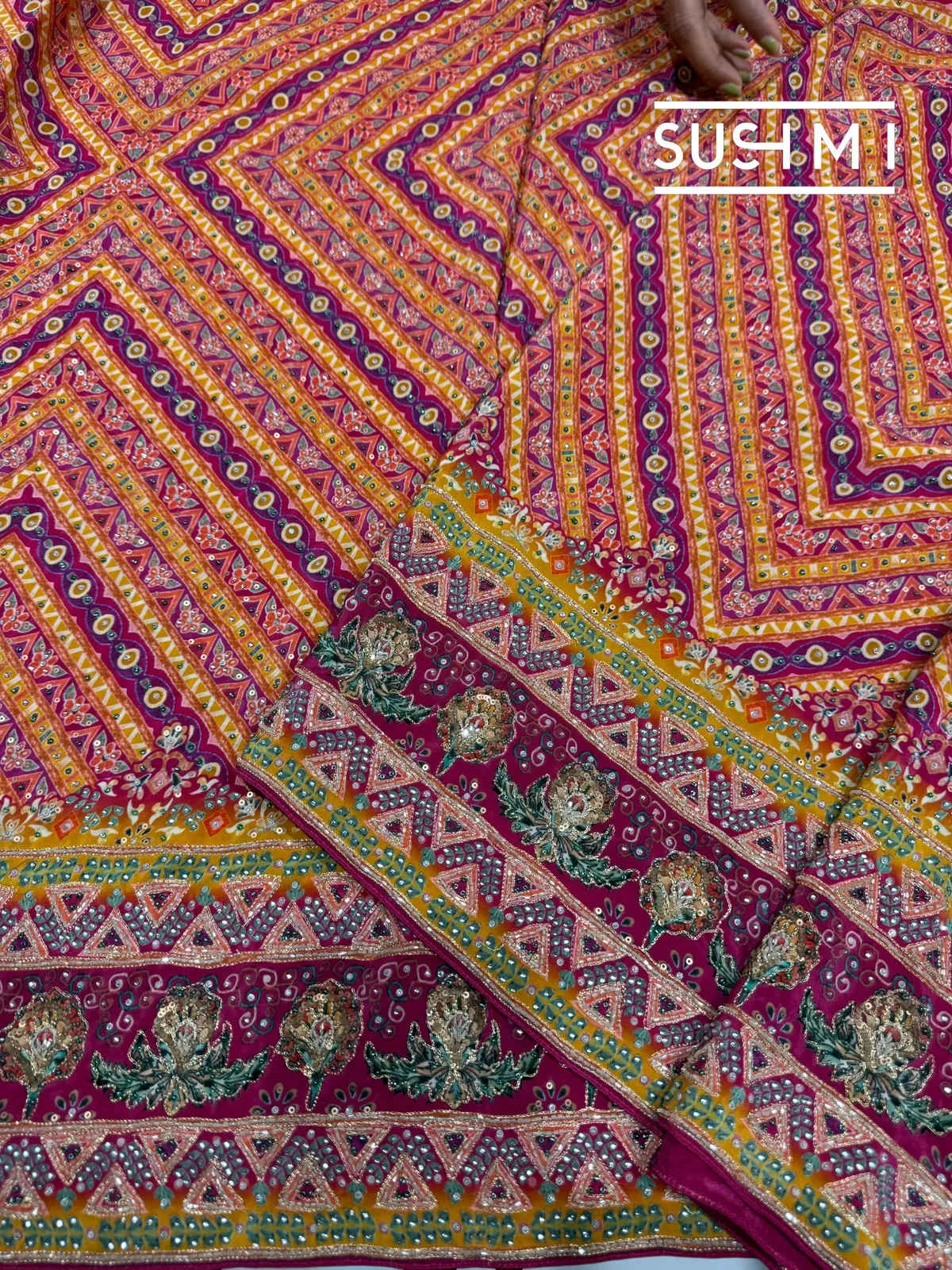 Multi color designer crepe silk saree with handwork — Image 6