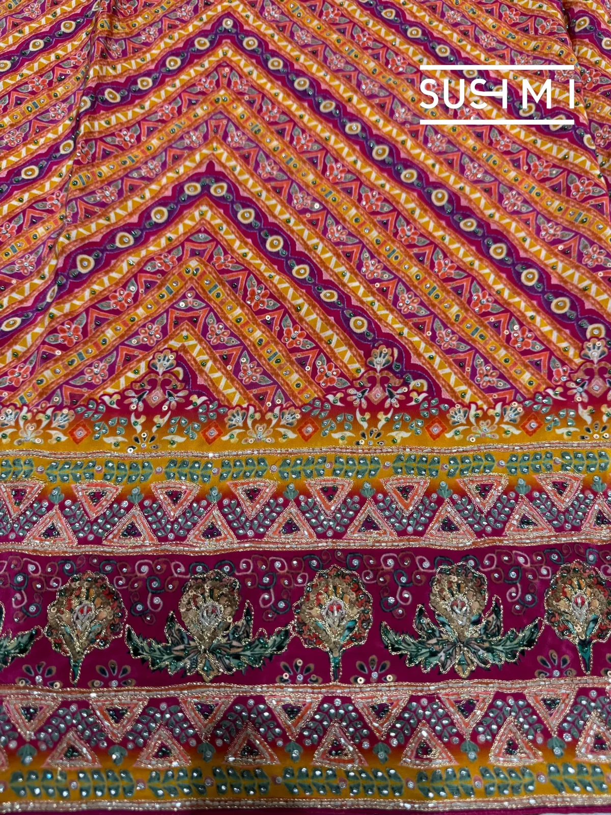 Multi color designer crepe silk saree with handwork — Image 7