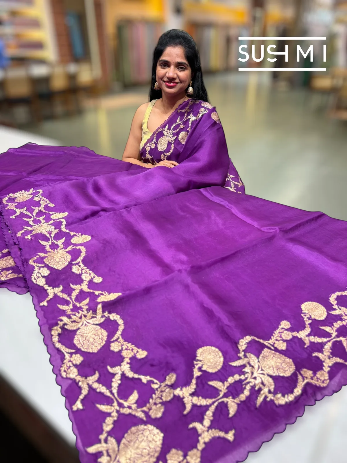 Purple Pure Organza Saree with banarasi brocade applique work — Image 2