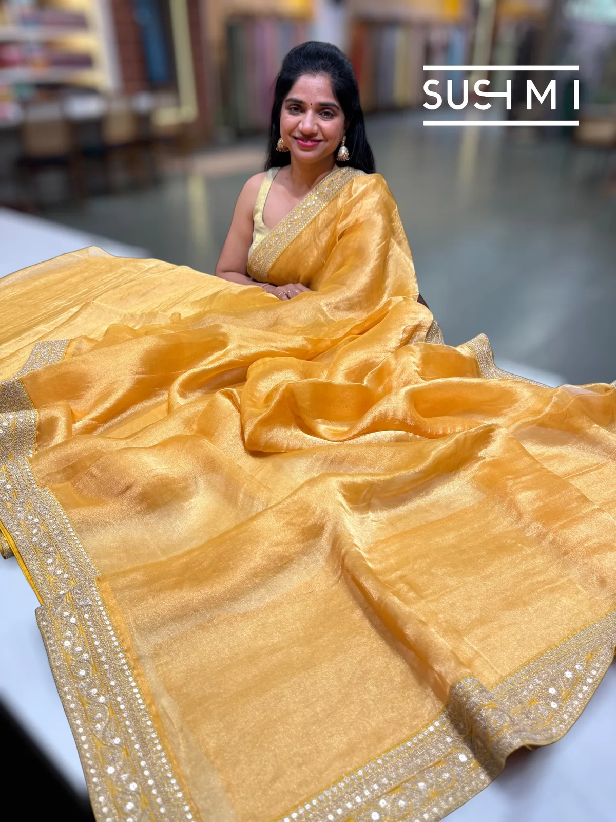 Mustard Tissue Saree with heavy work blouse — Image 2