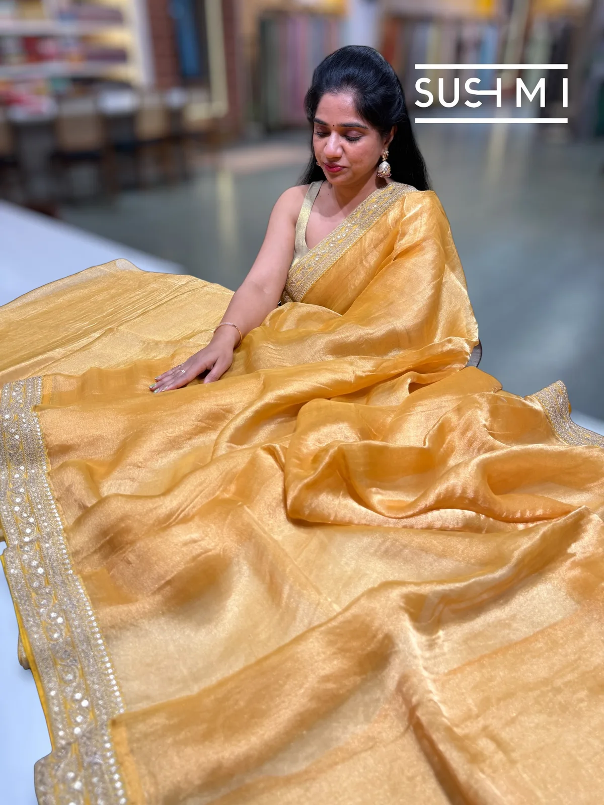 Mustard Tissue Saree with heavy work blouse — Image 3
